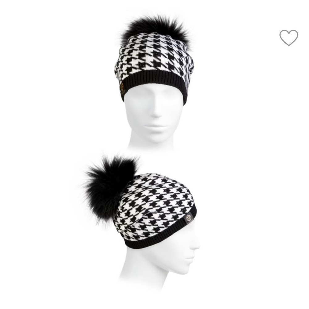 Wool, Cashmere & Fox Fur Houndstooth Pom-Pom Beanie Black and White Houndstooth
